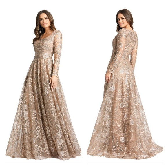 Mac Duggal 20285 JEWEL ENCRUSTED LONG SLEEVE SQUARE NECK GOWN in Vintage - Picture 1 of 15